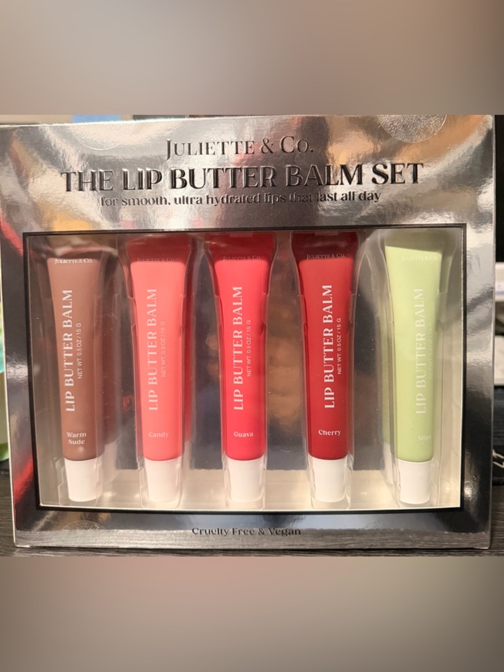Juliette & Co. Lip Butter Balm Set — Warm Nude, Pink, Red & Mint Cruelty Free